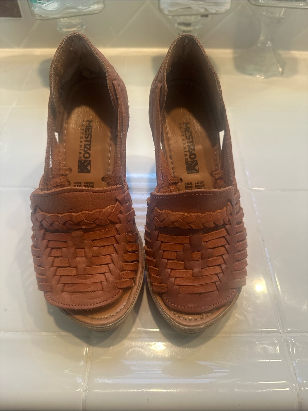 Dockers Women’s Tan Braided Woven Leather Wedge Sandals